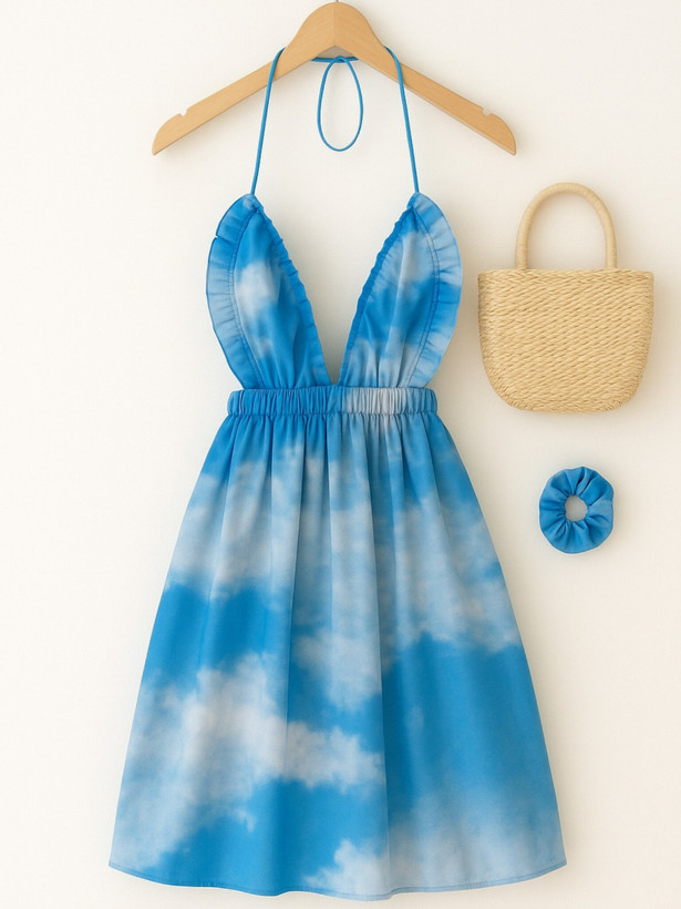 پیراهن زنانه نخی طرح آسمون رنگ آبی با فرم آزاد ، مناسب بهار و تابستان