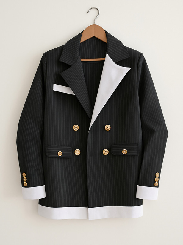 کت زنانه مشکی دیپلمات با یقه سفید، دکمه و جیب نمایی، مناسب استایل رسمی و نیمهرسمی