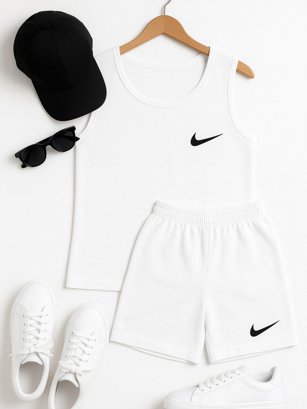 ست تاپ و شورتک سفید زنانه، راحتی، پنبهای، طرح نایک، سایز آزاد تا ۴۴