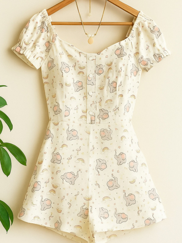 رامپر کوتاه زنانه تابستانی نخ پنبهای طرح فیل راحتی