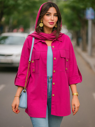 شومیز جیب صلیب زنانه با تنخور طبیعی در فضای خیابانی
