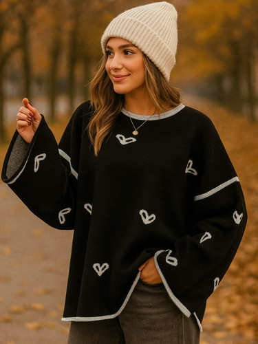 بلوز بافت آکرلیک زنانه طرح قلب رنگ مشکی، فری سایز مناسب ۳۶ تا ۴۴