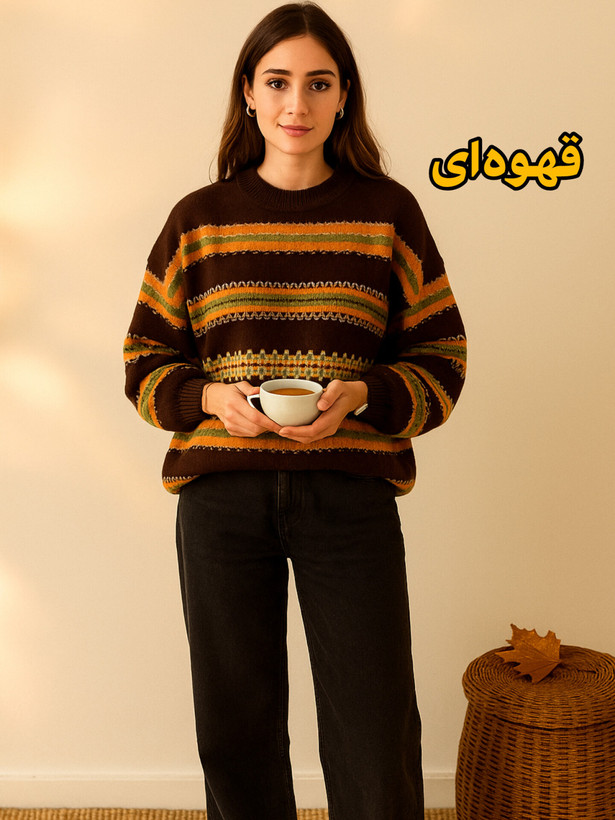 بافت ژاکارد زنانه قهوهای مدل راحتی روی مدل واقعی