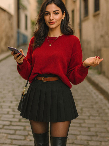 دختر با دامن پلیسه مشکی و کمربند قهوهای در کوچه سنگفرش ایستاده